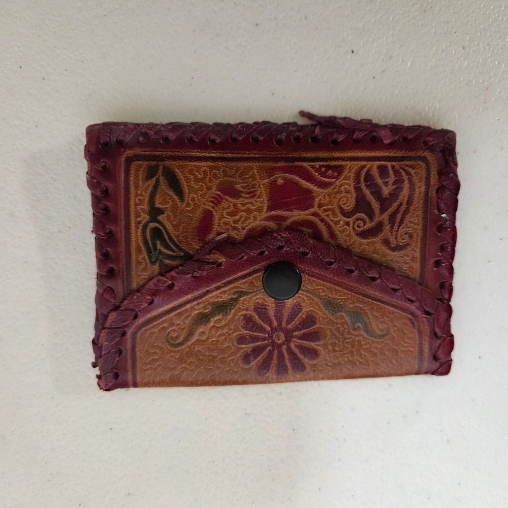 Vintage Hand Tooled Leather Coin Purse Made in India Boho Whipstitch Card Pouch